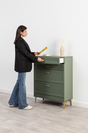 Комод Марион 16.249 дымчатый зеленый K521, олива шагрень AG 1050 ПВХ, белый PE шагрень