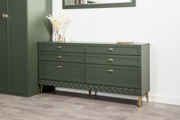 Комод Марион 16.256 дымчатый зеленый K521, олива шагрень AG 1050 ПВХ, белый PE шагрень