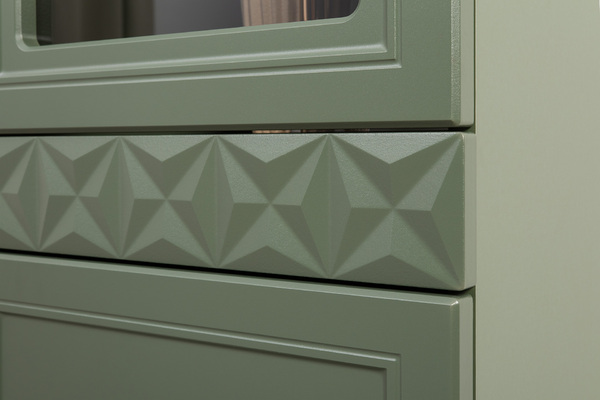 Шкаф-витрина Марион 16.397.01 дымчатый зеленый K521, олива шагрень AG 1050 ПВХ (собирается на любую сторону)