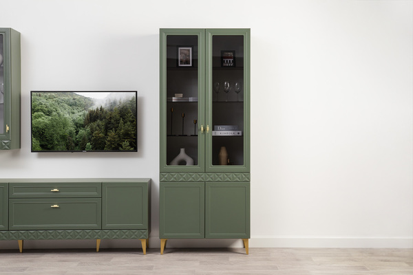 Шкаф-витрина Марион 16.397.02 дымчатый зеленый K521, олива шагрень AG 1050 ПВХ