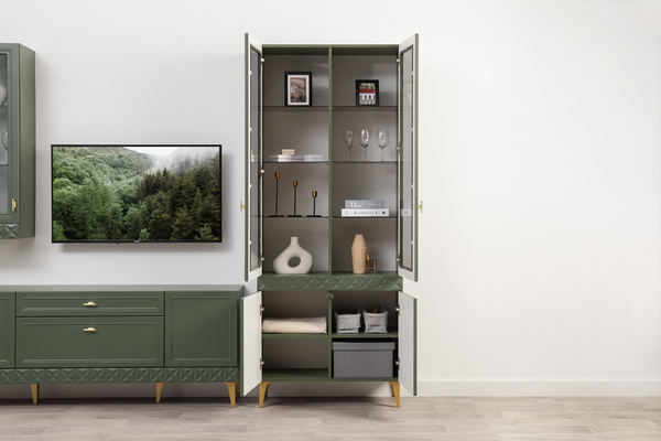 Гостиная Марион композиция 2 дымчатый зеленый K521, олива шагрень AG 1050 ПВХ, белый PE шагрень (собирается на любую сторону)