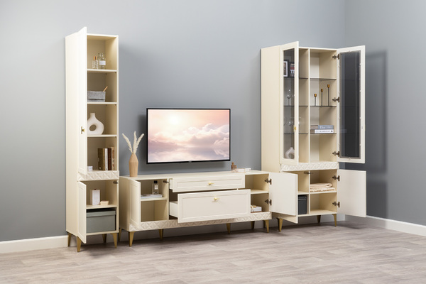 Гостиная Марион композиция 2 слоновая кость С341 PE, слоновая кость 6898 ПВХ, белый PE шагрень (собирается на любую сторону)